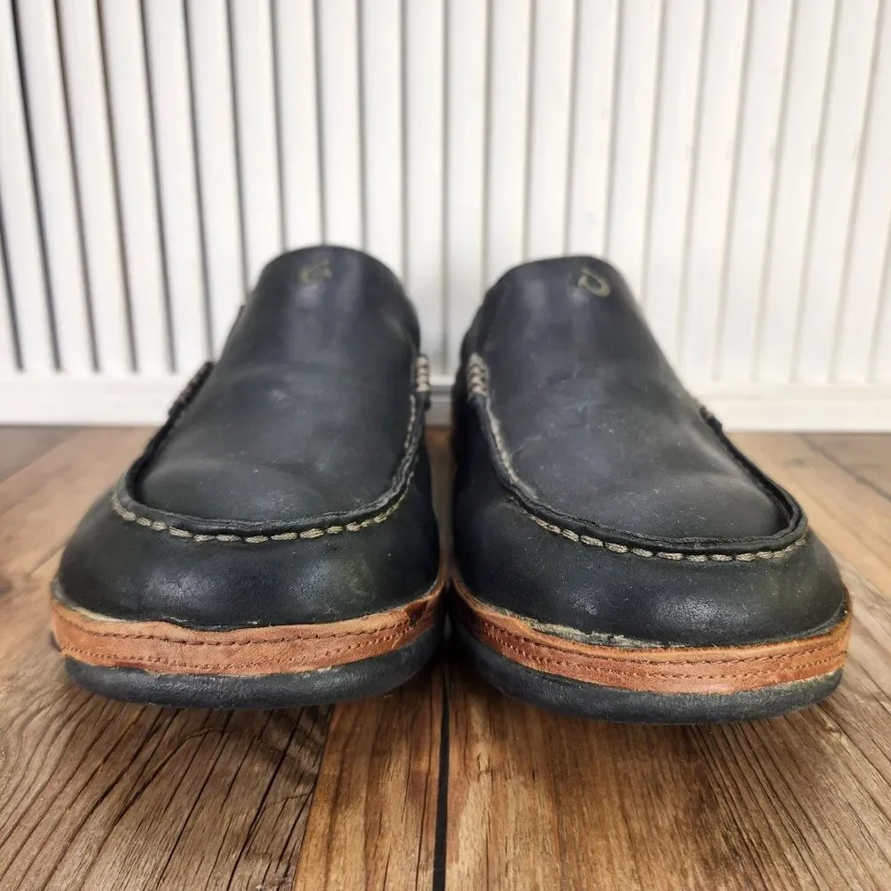 Olukai Moloa Leather Slip On Shoes Mens Sz 12 Black Brown Moc Toe Casual Loafers